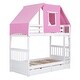 preview thumbnail 8 of 7, White+Pink Twin Over Twin Solid Pine Wood House-Shaped Bunk Bed with Tent and Drawers, Convertible to 2 Beds