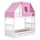 preview thumbnail 8 of 7, White+Pink Twin over Twin Bunk Bed Wood Bed with Tent and Drawers