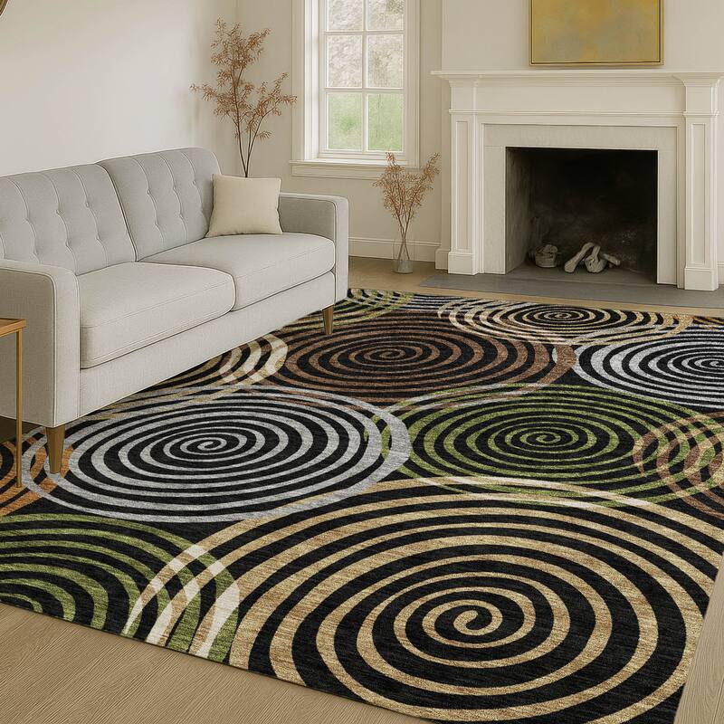 Machine Washable Indoor/ Outdoor Contemporary Swirls Chantille Rug