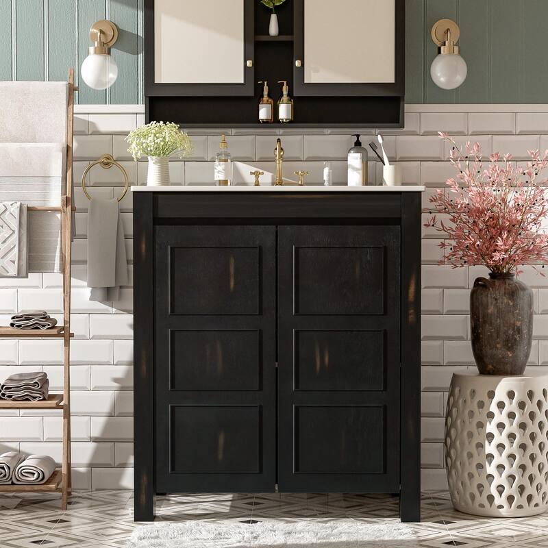 Vintage Style Bathroom Vanity Combo with Ceramic Sink and 2 Soft-close Doors - Black - 30 inch