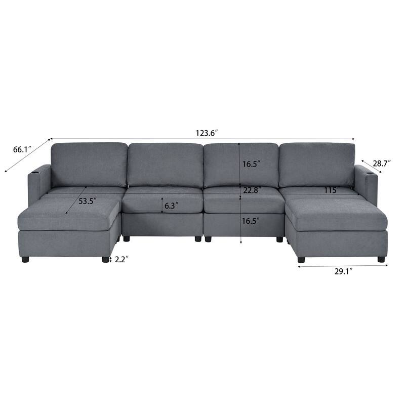 Modern U-Shape 6-Seater Sectional Sofa Bed with Storage Ottomans, Chenille Fabric