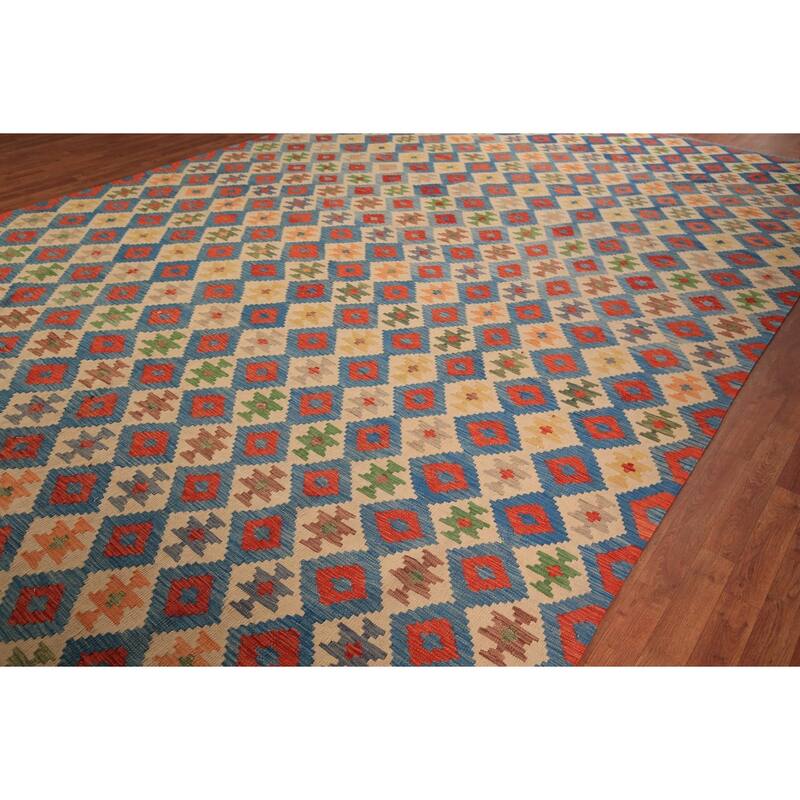 All-Over Trellis Colorful Kilim Large Rug Flatweave Wool Carpet - 10'1" x 15'10"