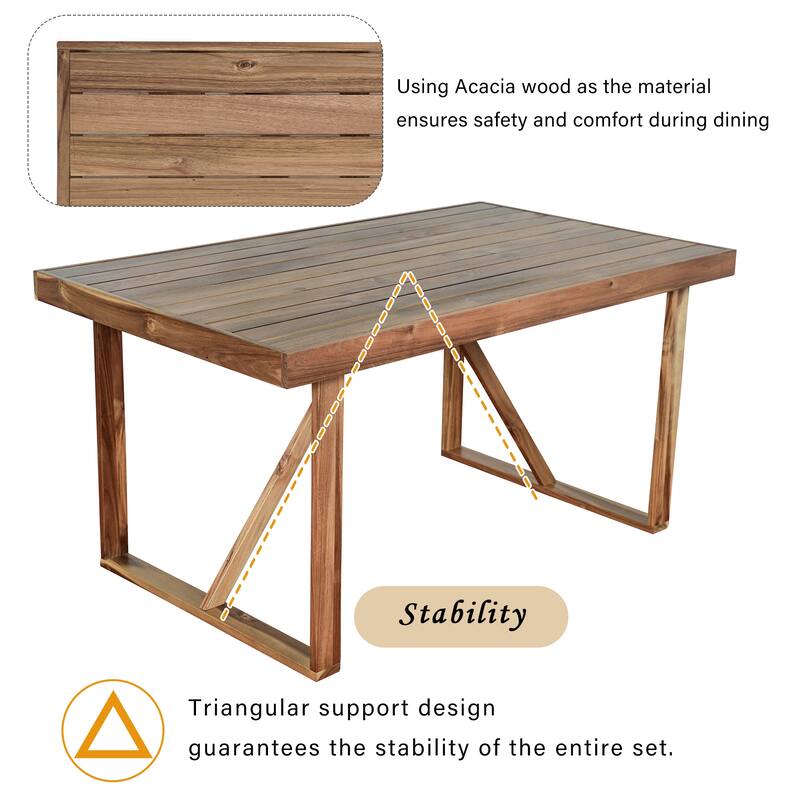 6-Piece Outdoor Patio Acacia Wood Dining Set with Rectangular Table, Benche, Chairs