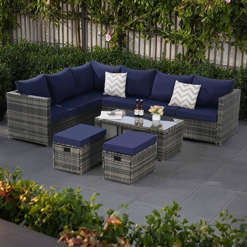 6-Piece Outdoor Patio Rattan Conversation Sectional Sofa Set with Tempered Glass Coffee Table