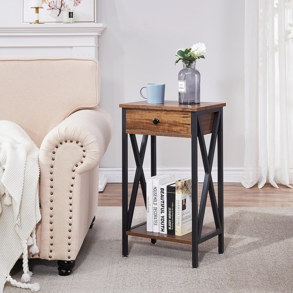 VECELO 28 Inch Modern End Table Space and Drawer Night Stand X-Design Nightstands for Living Room