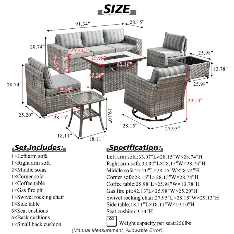 HOOOWOOO 9-piece Wicker Outdoor Modular Wide Armrest Sectional Set Fire Pit Set