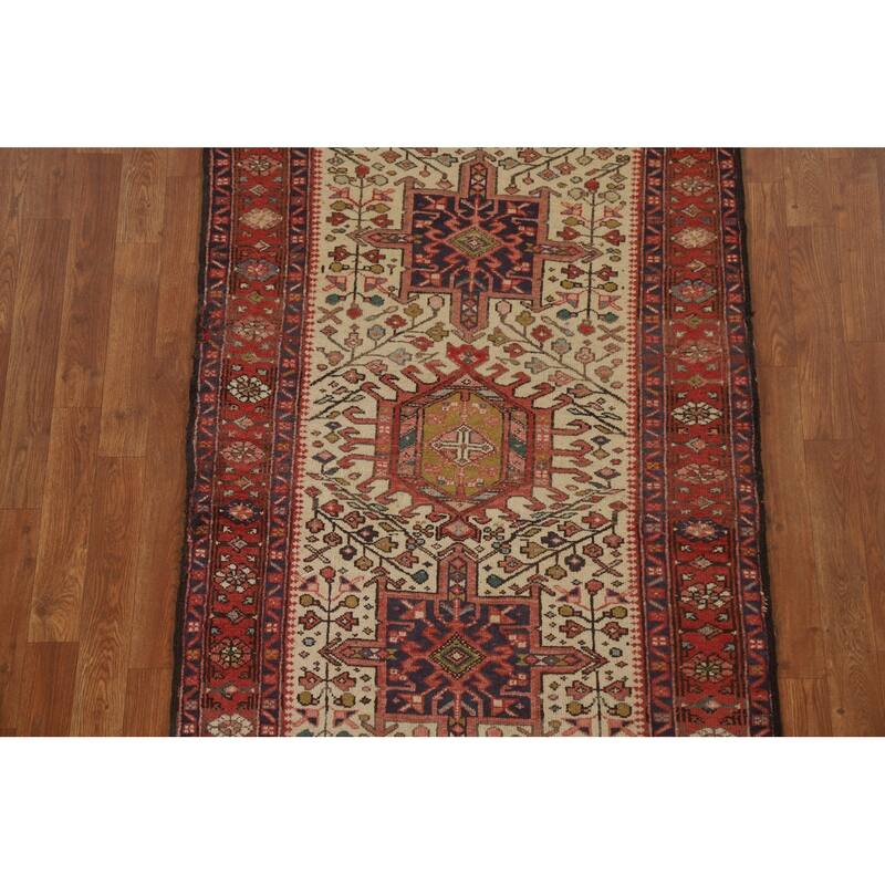 Hand Knotted Oriental 100% Wool Carpet Traditional Geometric Beige & Ivories Heriz Runner Rug - 10' 7'' X 3' 3''