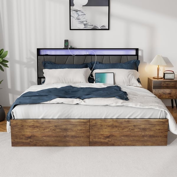 slide 2 of 9, Bed Frame, Ergonomic Headboard with Drawers,Charging Station LED,Outlets,USB Full
