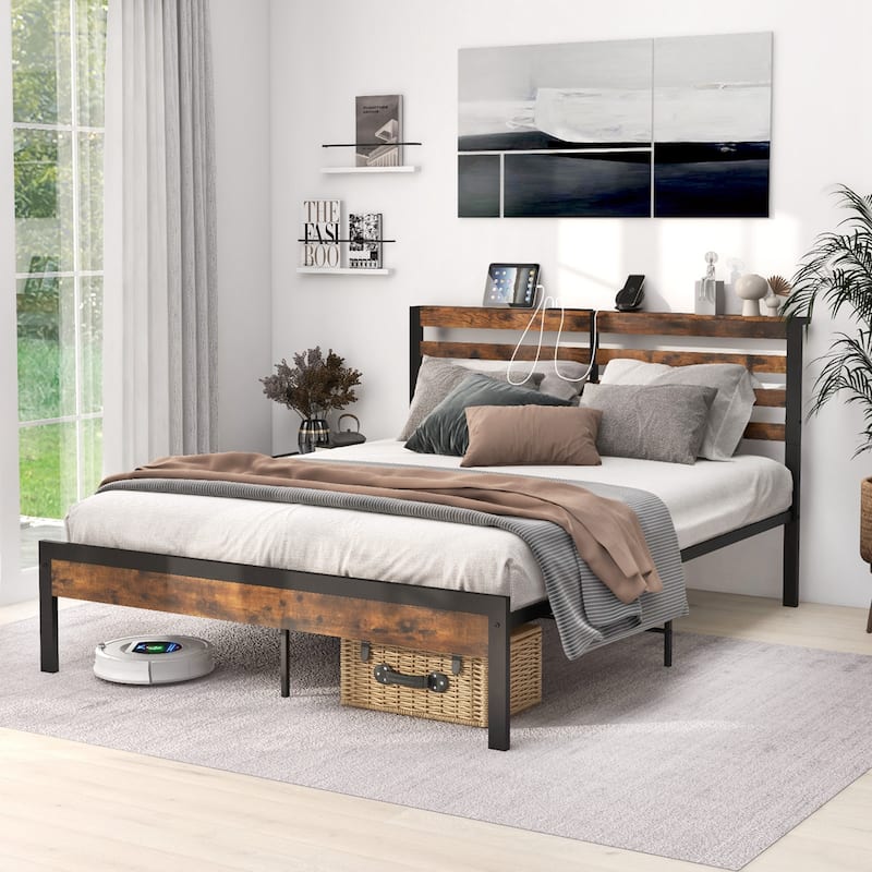 Costway Full Industrial Metal Platform Bed Frame Charging Station