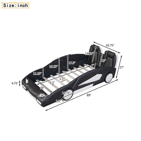 dimension image slide 1 of 2, Twin Size Race Car-Shaped Platform Bed with Wheels