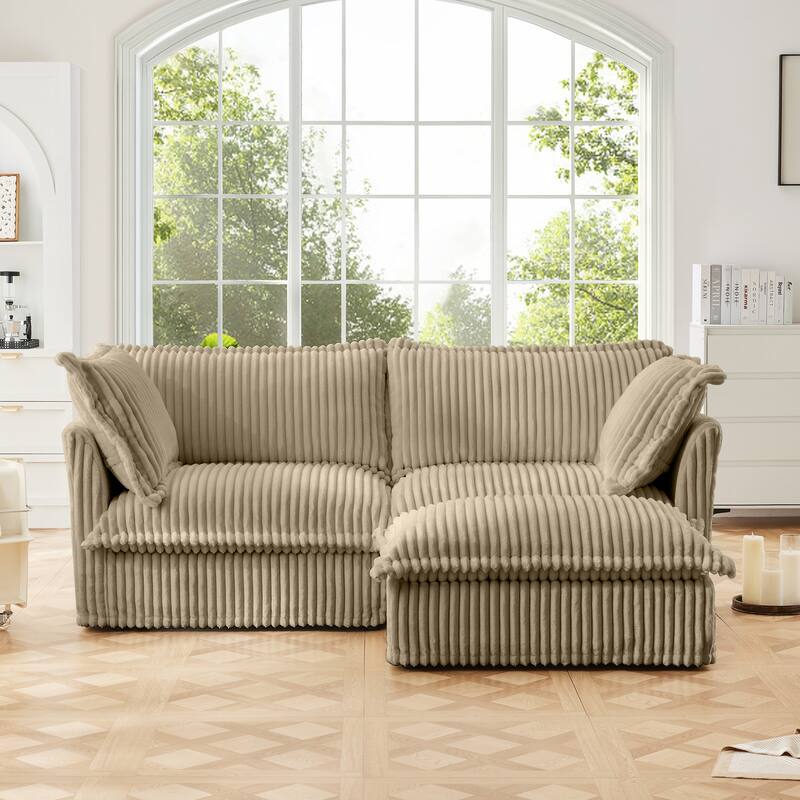 Slipcovered Corduroy 2-Seater Sofa Couch with Convertible Ottoman & Soft Big Pillows