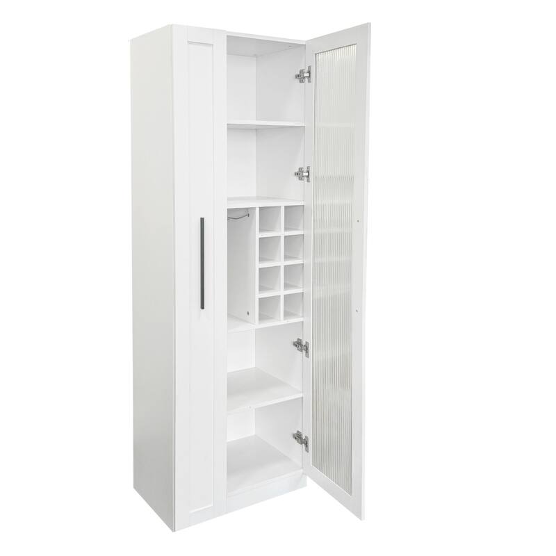 Roomfitters White Kitchen Pantry Cabinet with Glass Doors, Pull-Out Multi-Tier Shelf, and Wine Storage Rack