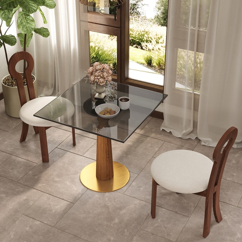 33" Retro Square Side Table, Glass & Sintered Stone Tabletop Dining Table with Solid Wood Pedestal