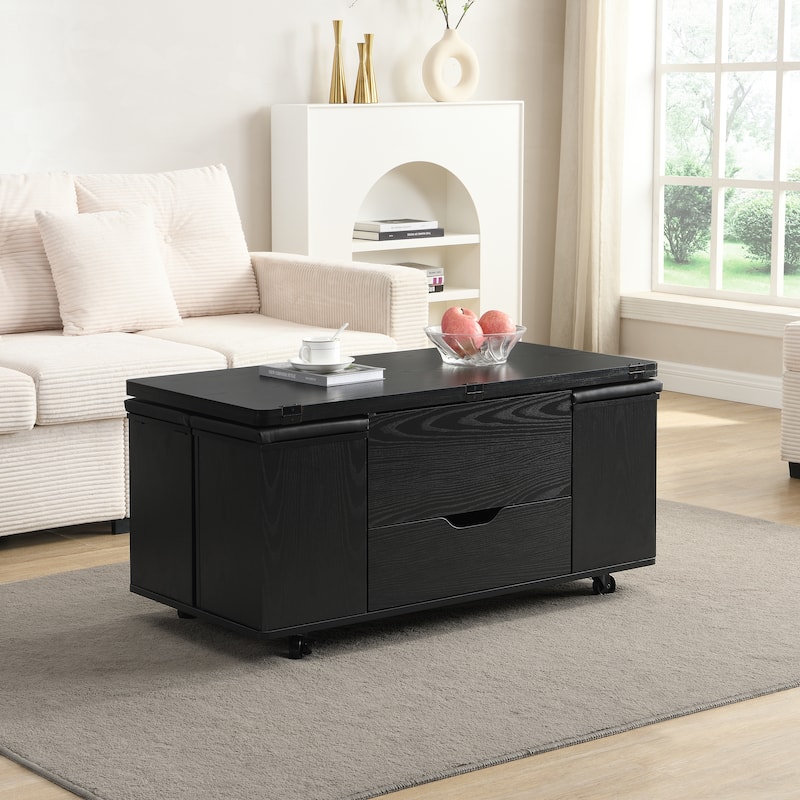 Lift-Top Coffee Table with Hidden Storage & 4 Stools - Multi-Functional Modern Center Table with Casters