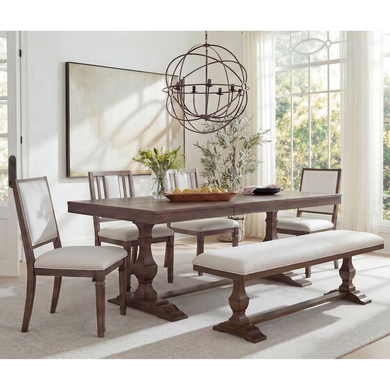 6-pieces Farmhouse Dining Table for 6, 74.8" Kitchen Table Set with 4 Chairs and Bench, Solid Wood Legs and Cushion Seat - Bench & ChairAD