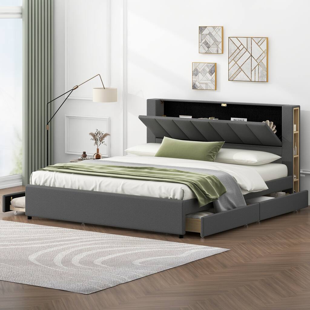 King Upholstered Platform Bed with Storage & Trundle