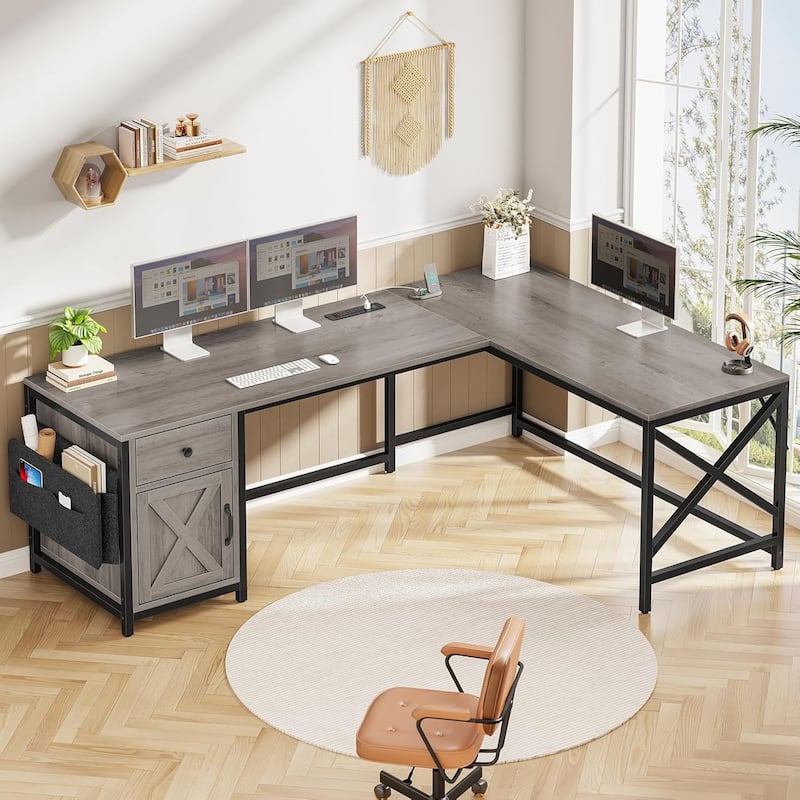 63" L Shaped Desk Corner Office Desk with Drawer Computer Desk - Grey