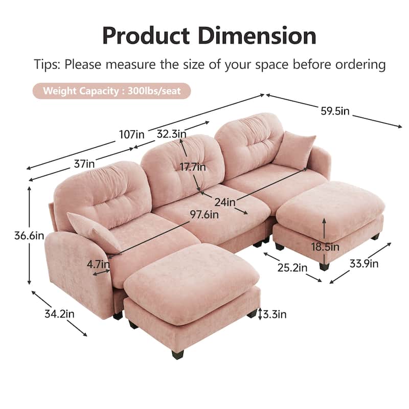 GDF Studio - Nina Modular Modern Chenille U-Shaped Sectional Sofa with Ottoman and 2 Soft Throw Pillows