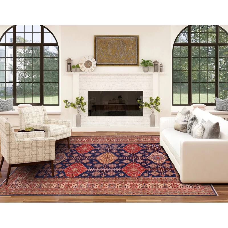 Southwestern Super Kazak Wren Blue/Beige Hand Knotted Wool Rug - 7'10'' x 10'1''