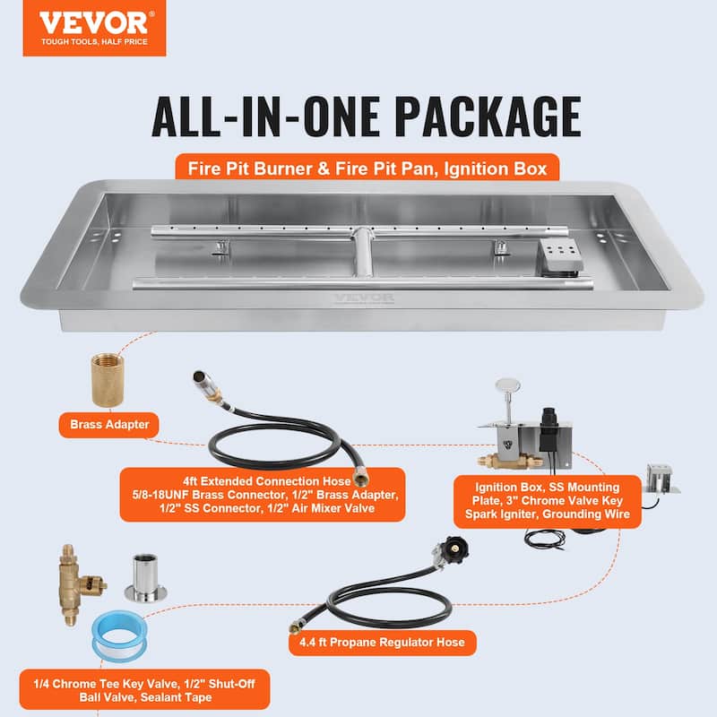 VEVOR 24x8 30x10 & 36x12 inch Rectangular Fire Pit Pan Stainless Steel 120,000 to 150,000 BTU for Indoor Outdoor