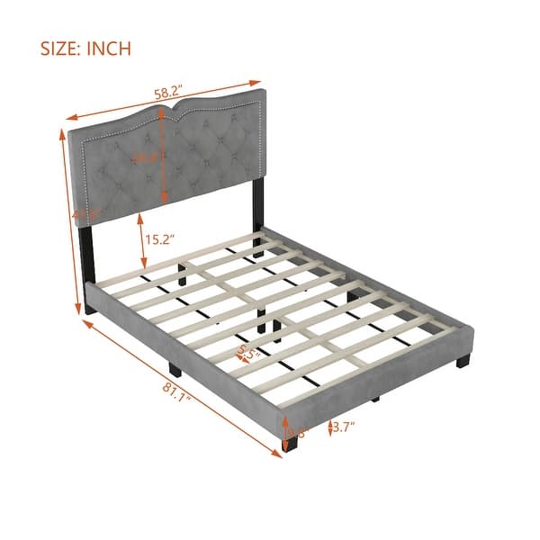 Full Size Upholstered Bed Frame with Rivet Design, Modern Velvet Platform Bed with Tufted Headboard,Grey