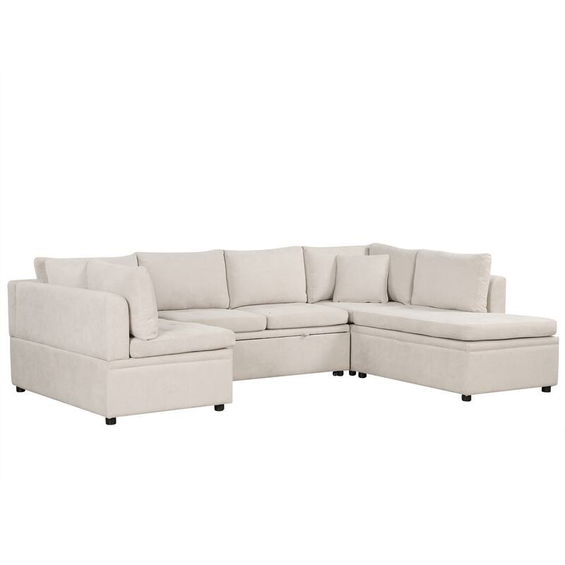 117" U-Shaped Oversized 6-Seat Sectional Sofa with Chaise, Pull-Out Bed, and 2 Detachable Throw Pillows for Comfort