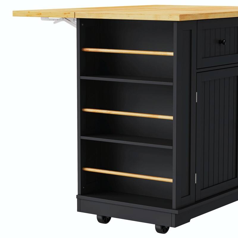 48" Rolling Kitchen Island with Drop Leaf, Power Outlet & 2 Bar Stools, Storage Cart with Drawers & Racks