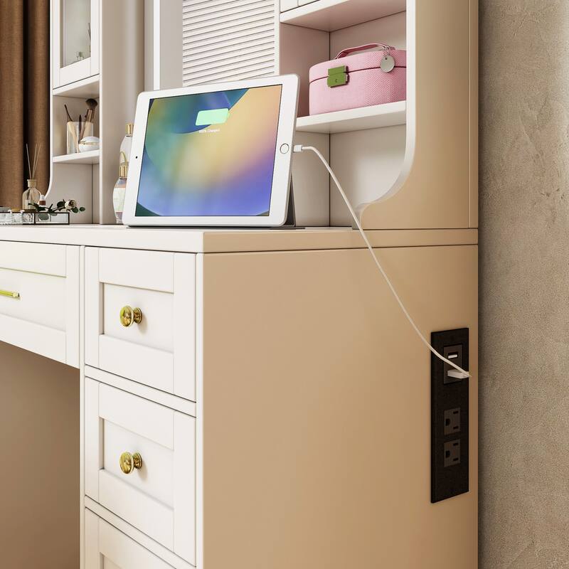 Makeup Vanity Desk with Lighted Mirror & Charging Station, Large Vanity Table Set with Drawers & Storage Stool for Bedroom