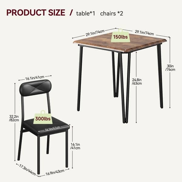 dimension image slide 1 of 3, Dining Table Set of 2, Kitchen Table with Upholstered Chairs Dinning Table Set - 29.1x29.1x30in