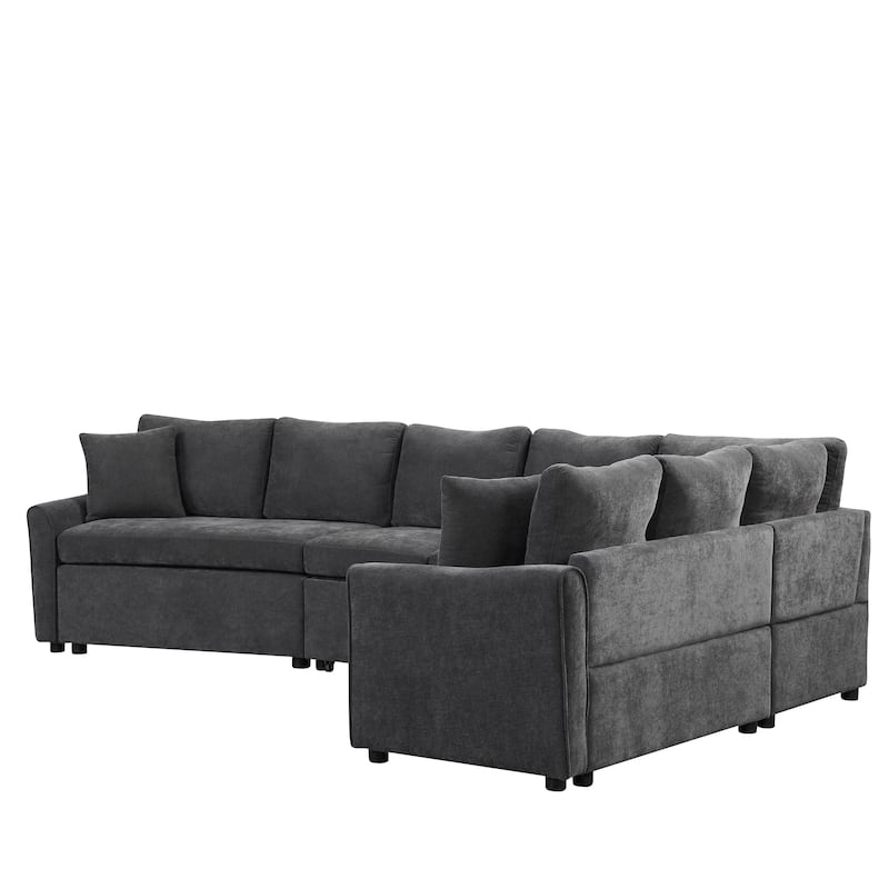 Modern 6-Seater L-Shaped Pull-Out Sofa Bed with USB Charging, Power Sockets, and Chenille Upholstery