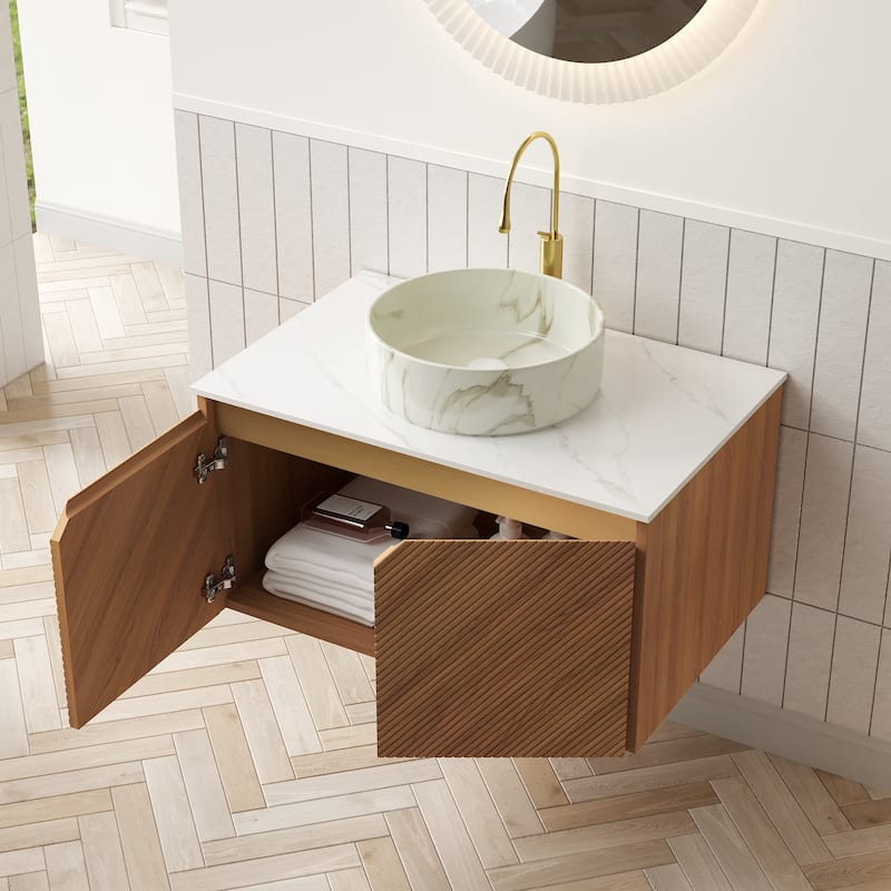 Floating Bathroom Vanity with Sintered Stone Top and Ceramic Vessel Basin