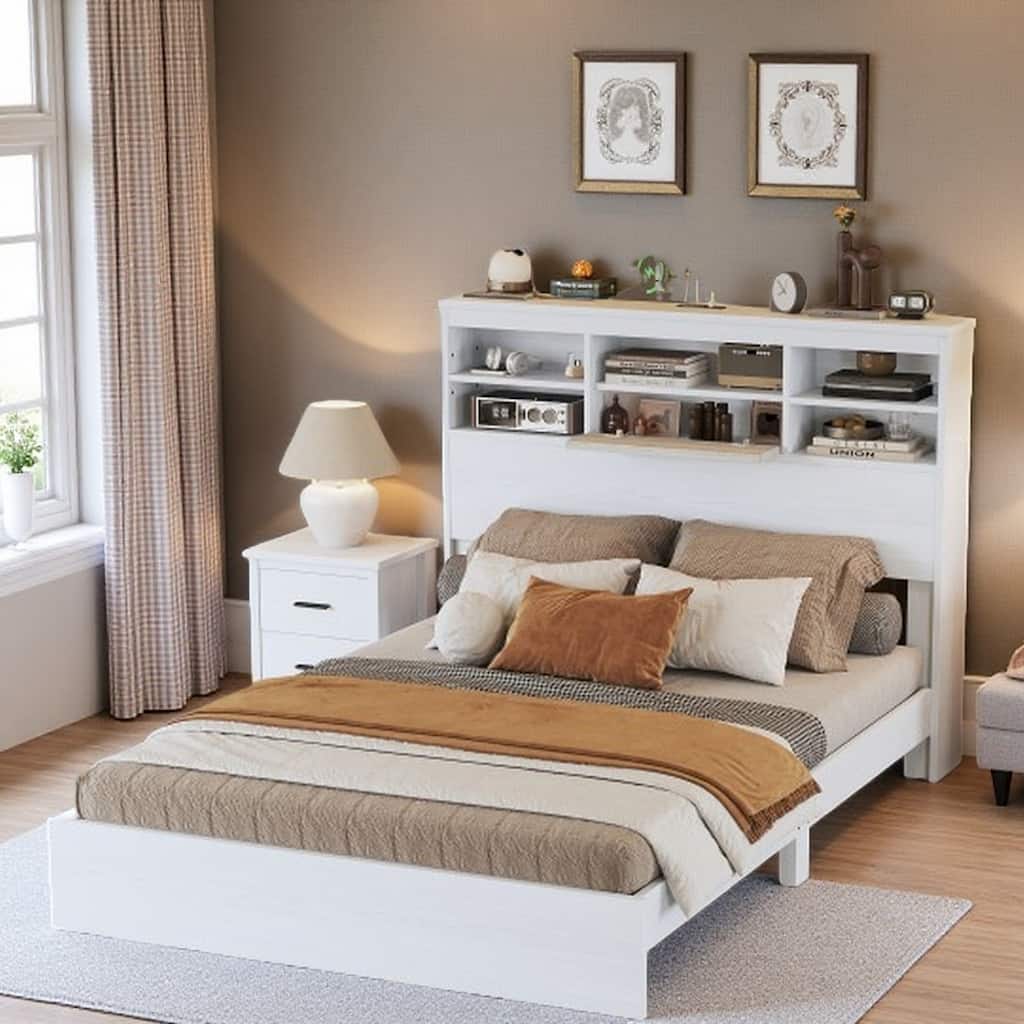 White Queen Platform Bed with Rustic Wood-Inspired Headboard, Built-In Storage Shelves & Charging Ports, Sturdy Frame