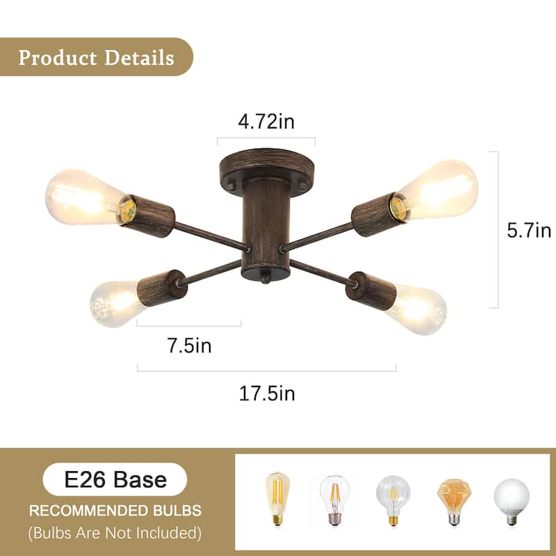 4-Light Modern Semi Flush Mount Chandelier for Bedroom Study Room