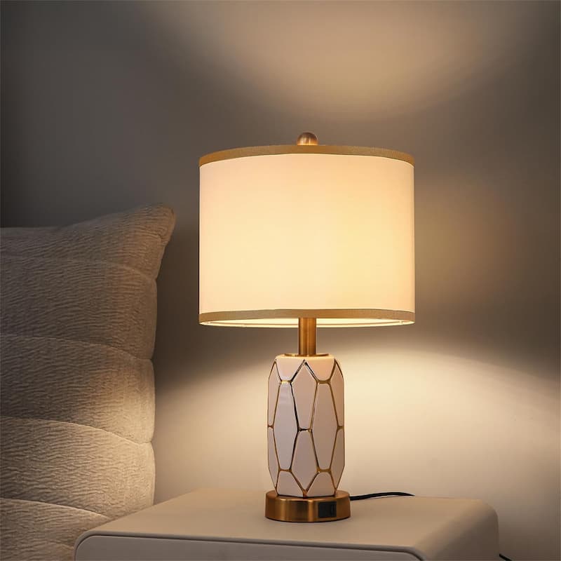Nightstand lamp with fabric drum shade, bulb included