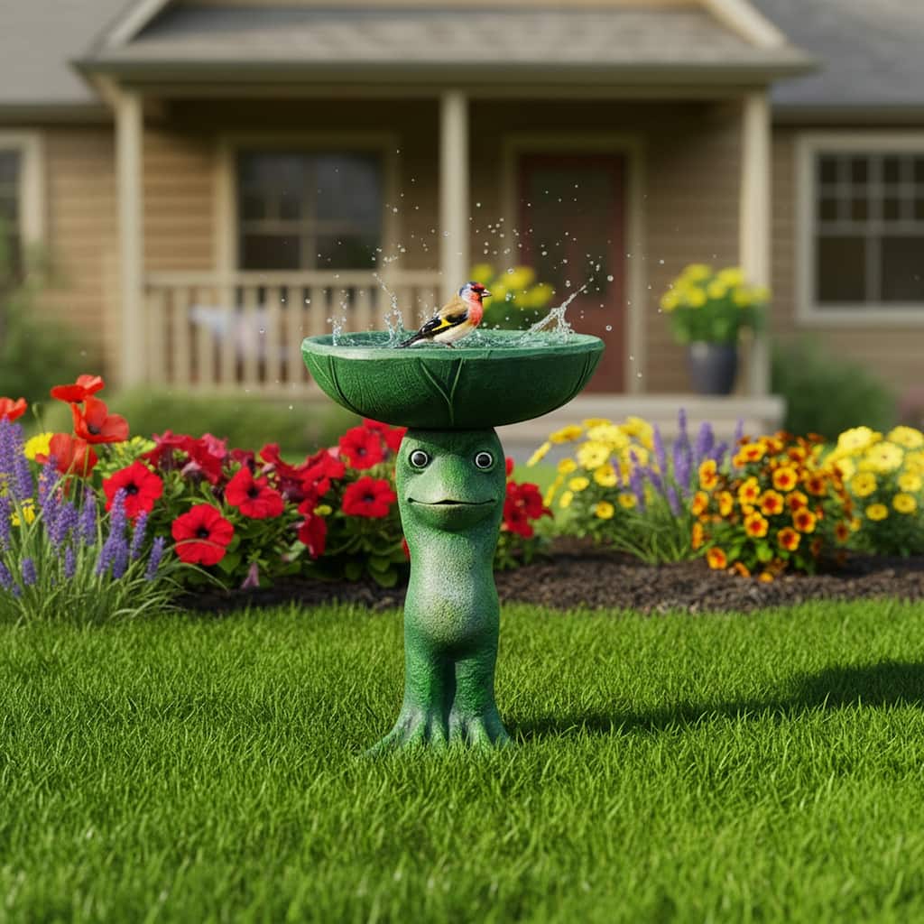 Frog Statue Bird Bath Fibre Reinforced Concrete Lily Pad Basin Outdoor Decor