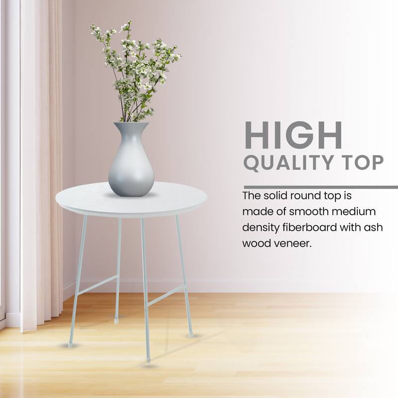 Rossmore Modern MDF Round Ash Wood Veneer Tabletop Side Accent Table with White Stainless Steel Frame for Home or Office