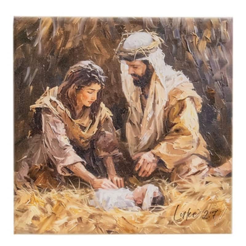 Rustic Nativity Canvas Wall Art with Wooden Frame Christmas Decor for Table or Wall Display - 8" H x 8" W x .75" D