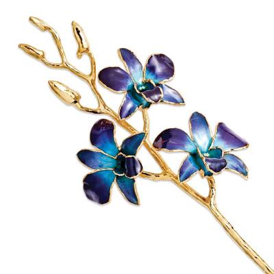 Curata Lacquer Dipped Gold Trimmed Purple/Blue Real Orchid Stem