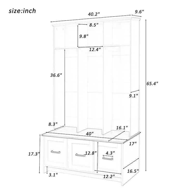 40.2" Modern Coat Rack with 3 Shelves and Drawers,Storage Bench