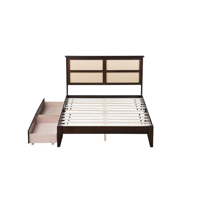 Bed with Rattan Headboard, Two Storage Drawers, Rubber Wood Bed with Enhanced Support Salts and Feet
