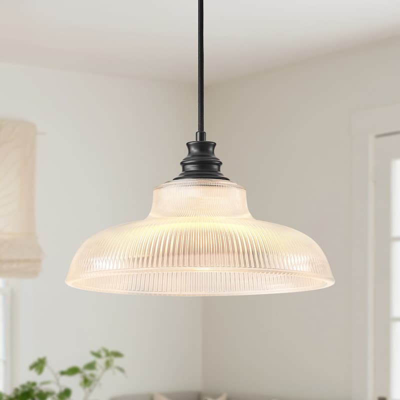 Starsky 1-Light Farmhouse Dome Ribbed Glass Texture Single Pendant - Black