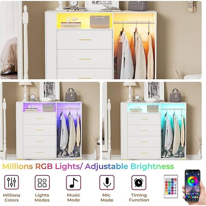 Dresser for Bedroom with Jewelry Cabinet, 4 Drawers Dresser with Clothes Rack, Charging Station & LED Lights