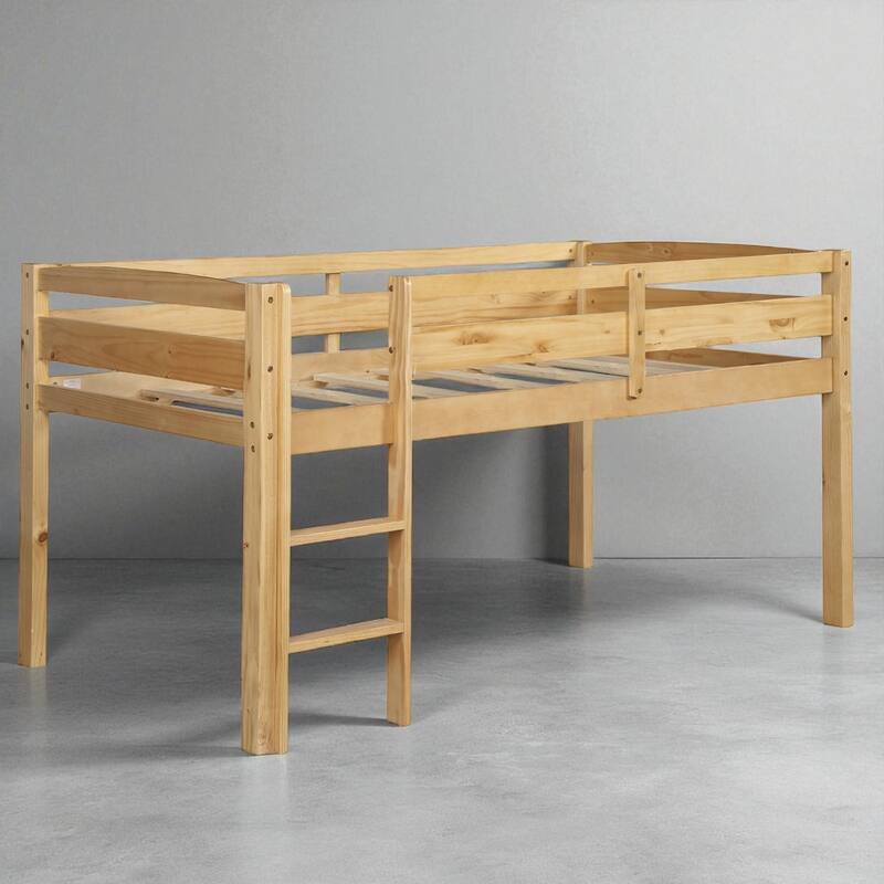 Twin Size Wood Loft Bed with Ladder, Low Loft Bed Frame for Kids and Teens, Space Saving Design