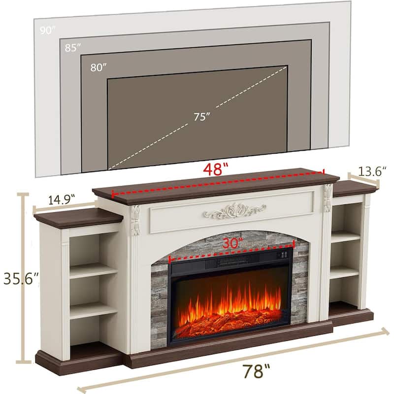 78 inch Electric Fireplace Mantel Fireplace TV Stand Entertainment Center with 30 inch Fireplace Insert Heater and Storage