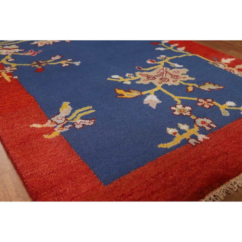 Blue & Red Floral Art Deco Oriental Rug Handmade Wool Carpet - 3'11" x 5'11" - 3'11" x 5'11" - Blue