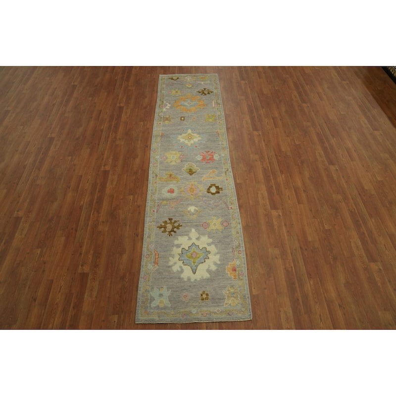 Vegetable Dye Gray Oushak Turkish Runner Rug, Floral Geometric Carpet - 9' 11'' X 2' 7''