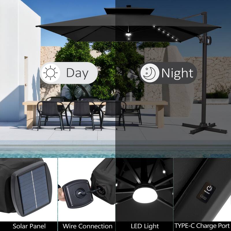 11 FT Square Outdoor Patio Cantilever Umbrella with Solar Lights Double Canopy 360 Rotation Tilt
