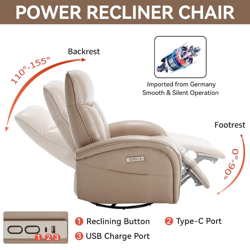 Genuine Leather Power Recliner Chair, 270° Swivel Rocker, USB, Type-C