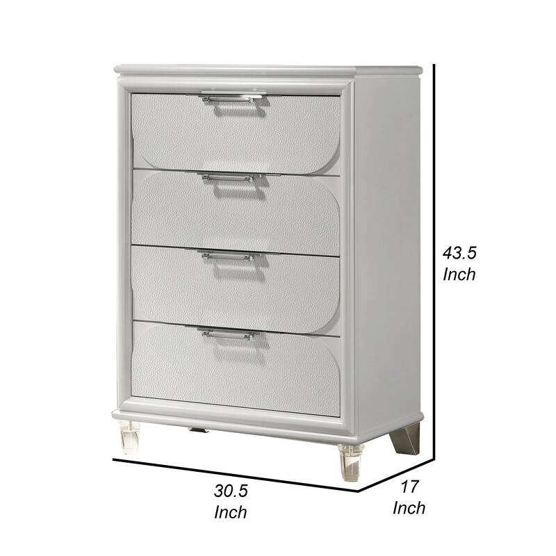 Dima Tall Dresser Chest, 4 Drawers w Acrylic Handles, White Rubberwood