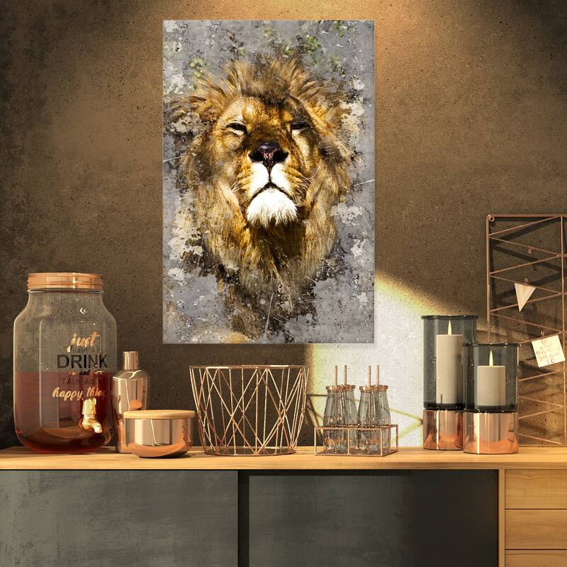 Designart "Lion Head with Textures" Animal Canvas Art Print - 16 in. wide x 32 in. high